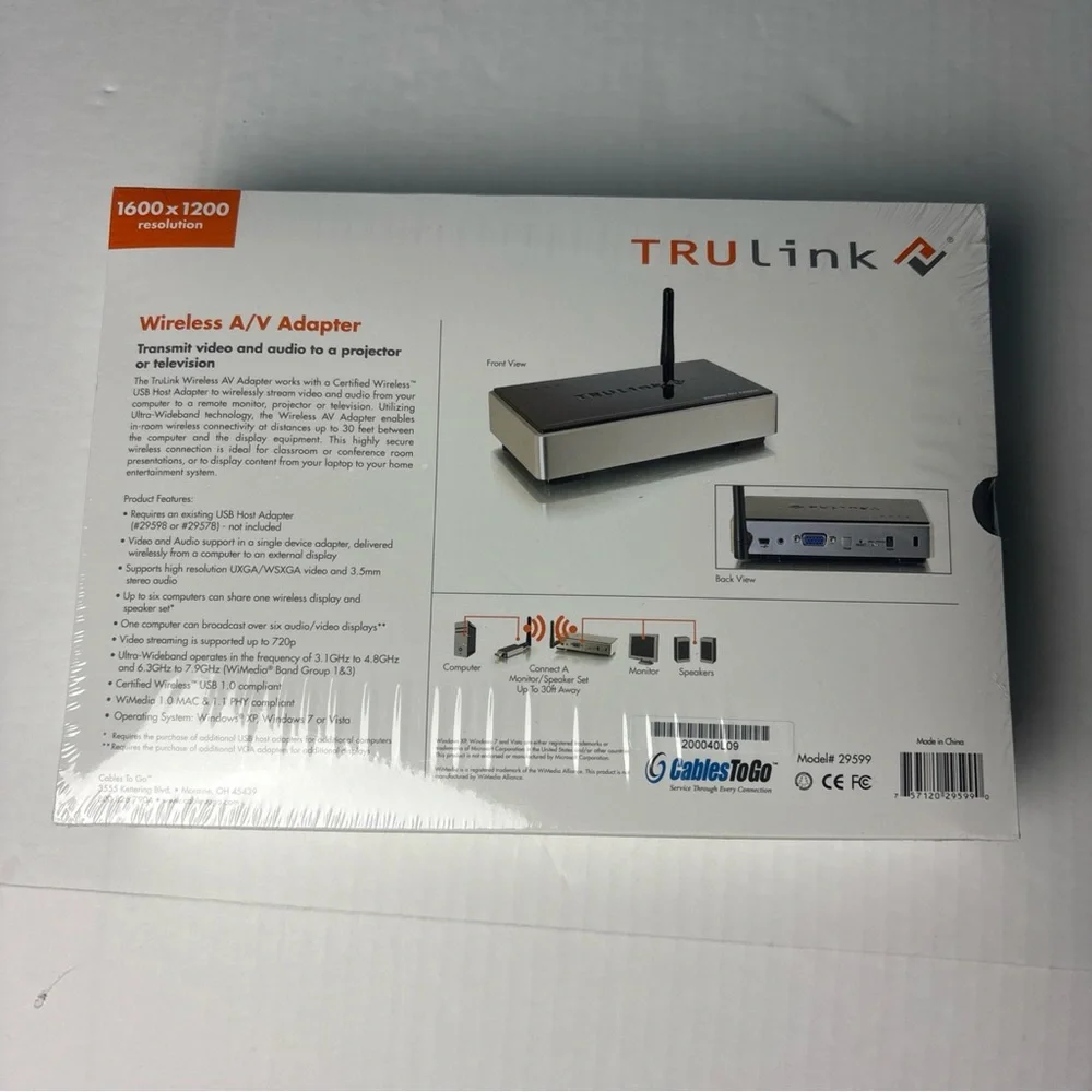 TruLink Wireless A/V Adapter 29599 Audio Video TV Projector Up To 30 Feet New